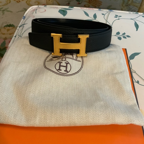 Hermes Togo Black Leather Strap and Buckle Belt with Gold 85cm - Picture 1 of 5